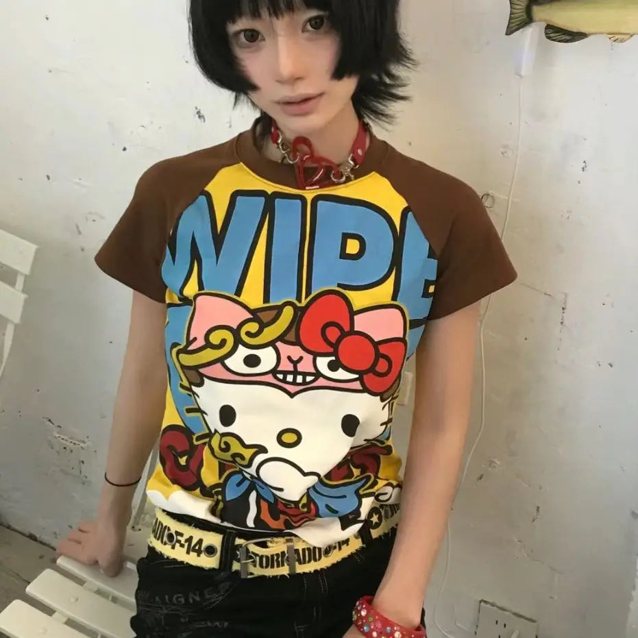 Sanrioed Hello Kittys Short Tops Y2K Women Summer Anime Fashion Tees Cartoon Printed High Street Gothic Short Sleeve T-Shirts