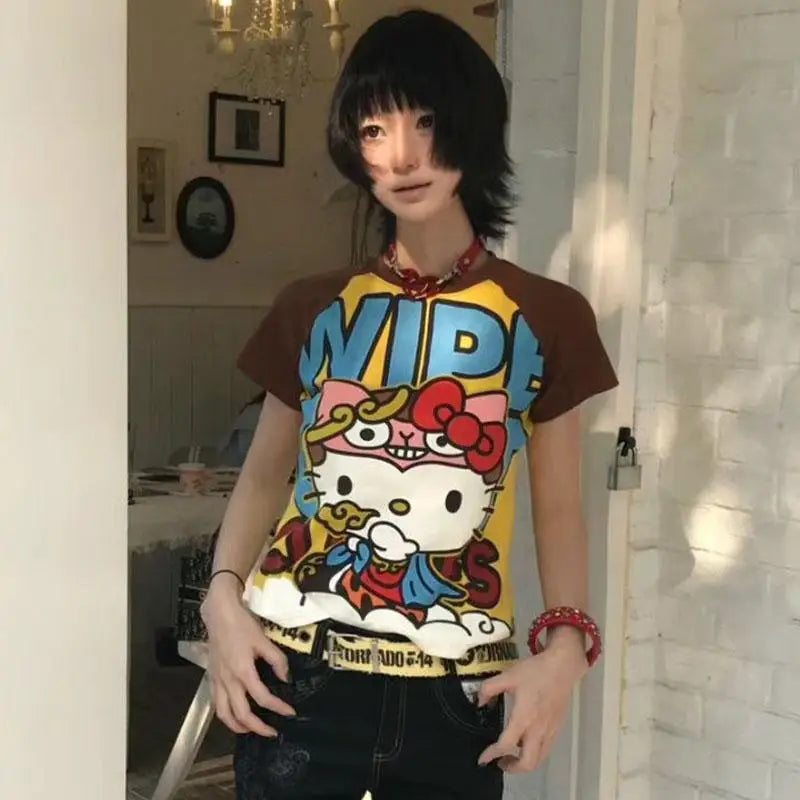 Sanrioed Hello Kittys Short Tops Y2K Women Summer Anime Fashion Tees Cartoon Printed High Street Gothic Short Sleeve T-Shirts