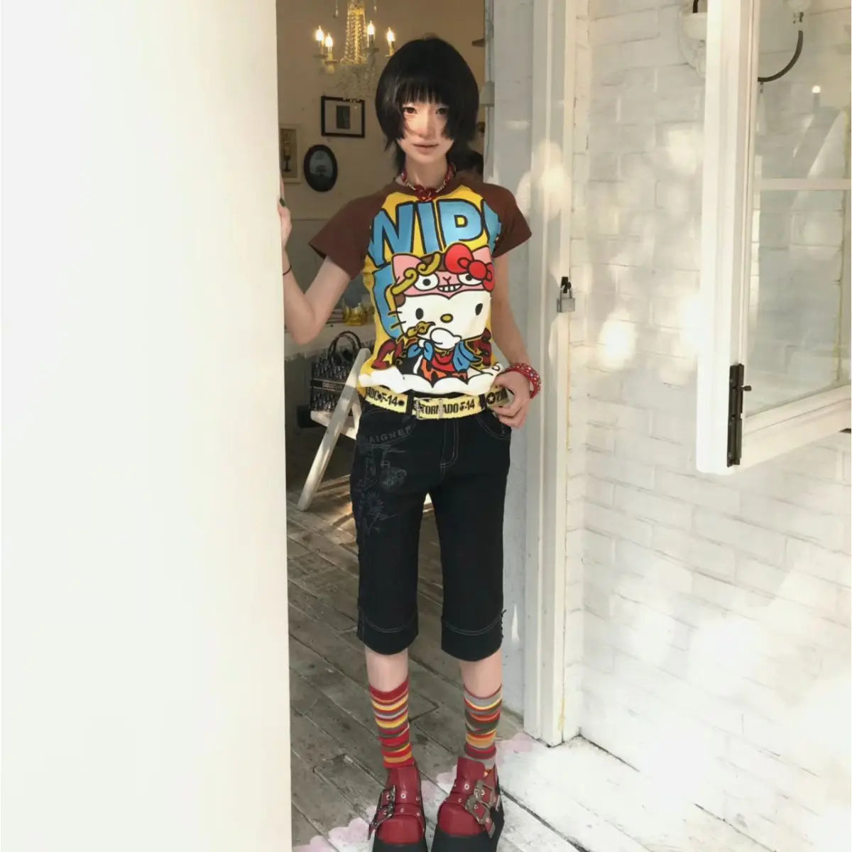 Sanrioed Hello Kittys Short Tops Y2K Women Summer Anime Fashion Tees Cartoon Printed High Street Gothic Short Sleeve T-Shirts