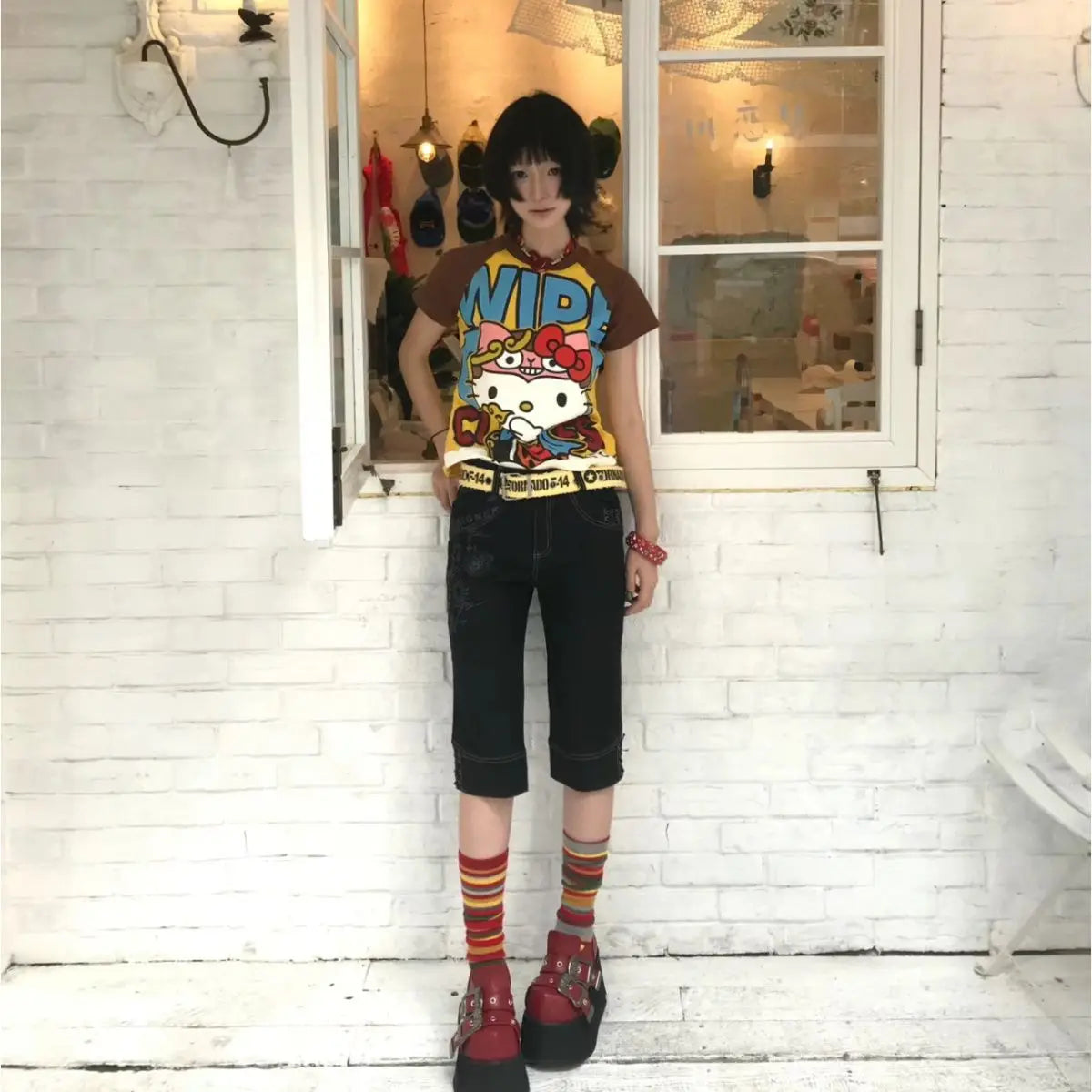 Sanrioed Hello Kittys Short Tops Y2K Women Summer Anime Fashion Tees Cartoon Printed High Street Gothic Short Sleeve T-Shirts