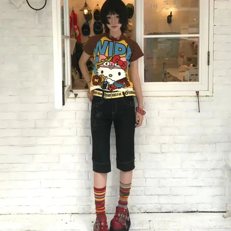 Sanrioed Hello Kittys Short Tops Y2K Women Summer Anime Fashion Tees Cartoon Printed High Street Gothic Short Sleeve T-Shirts