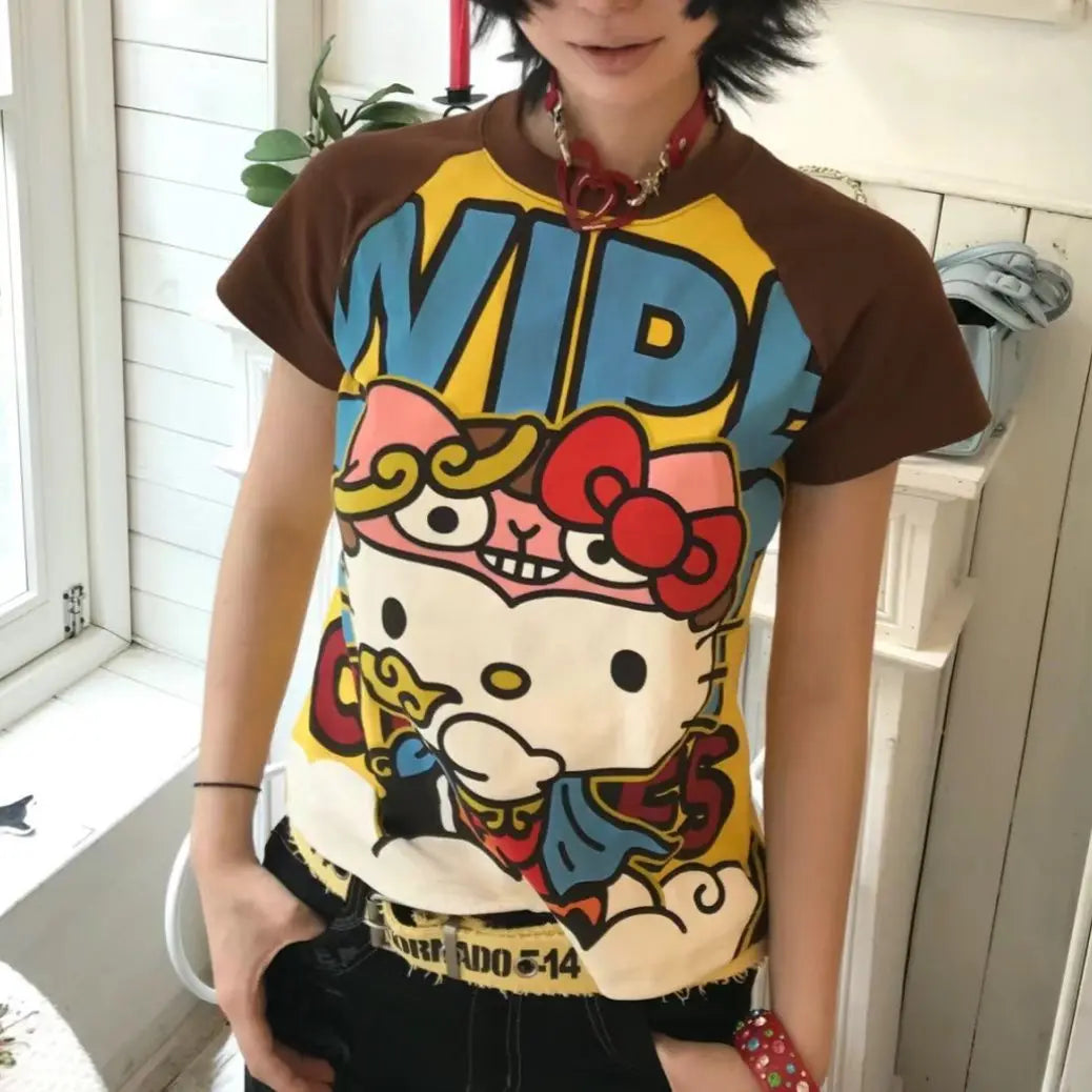 Sanrioed Hello Kittys Short Tops Y2K Women Summer Anime Fashion Tees Cartoon Printed High Street Gothic Short Sleeve T-Shirts