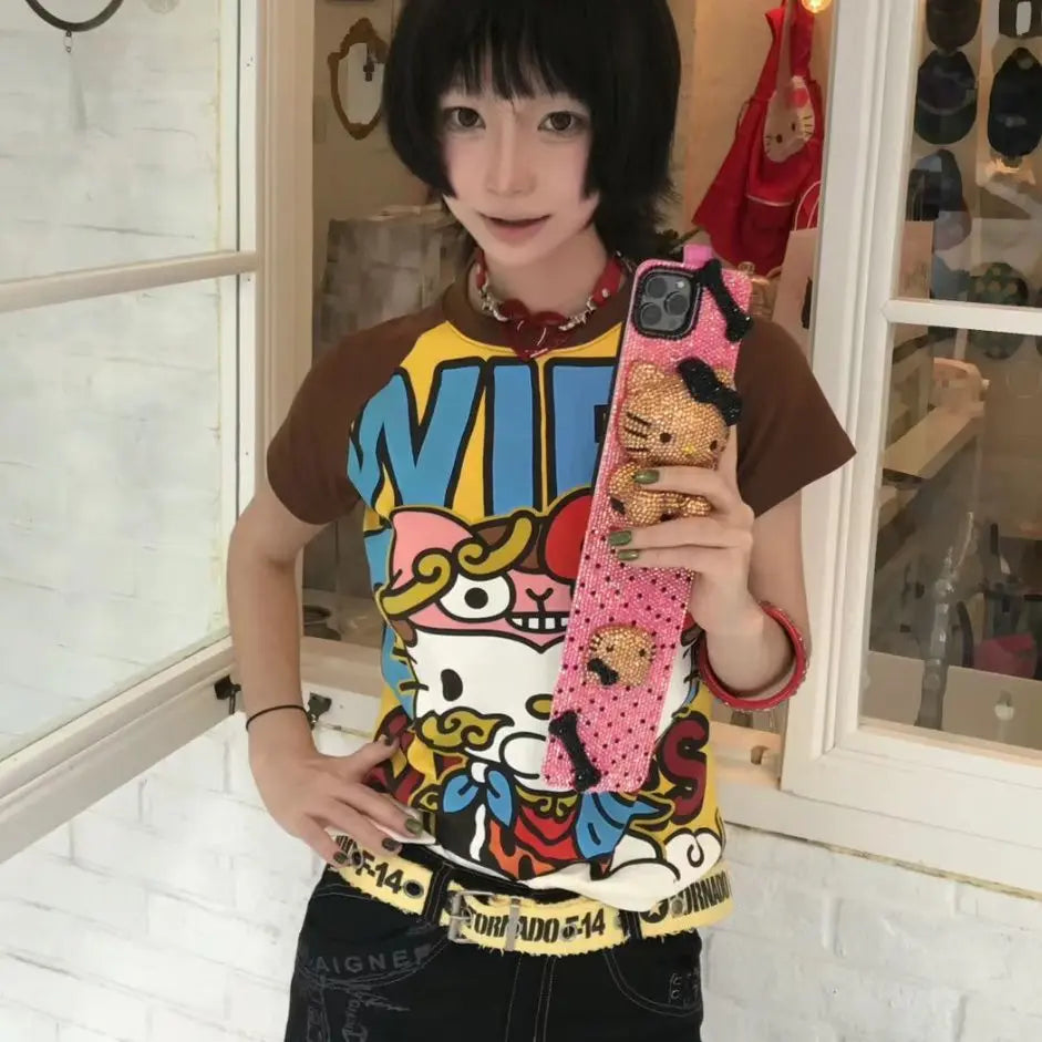Sanrioed Hello Kittys Short Tops Y2K Women Summer Anime Fashion Tees Cartoon Printed High Street Gothic Short Sleeve T-Shirts