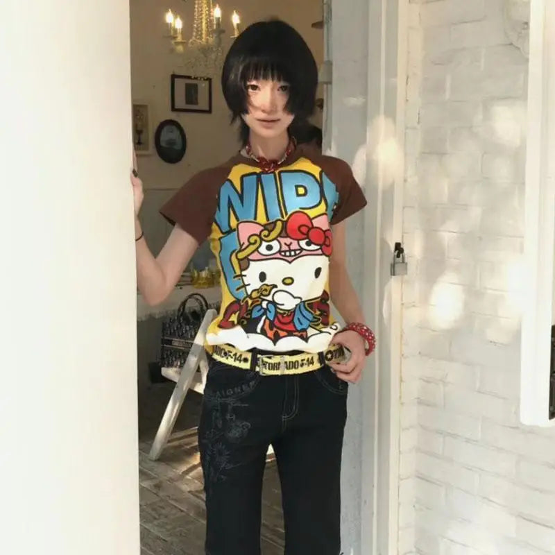 Sanrioed Hello Kittys Short Tops Y2K Women Summer Anime Fashion Tees Cartoon Printed High Street Gothic Short Sleeve T-Shirts